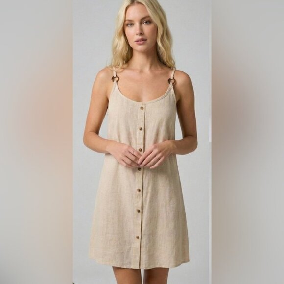 By Design Clothes Dresses & Skirts - Oatmeal Linen Blend Button Front Mini Dress Spaghetti Strap